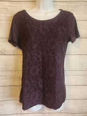 LOFT S Plum Lace Front Top Romantic Feminine Short Sleeve Chic Blouse